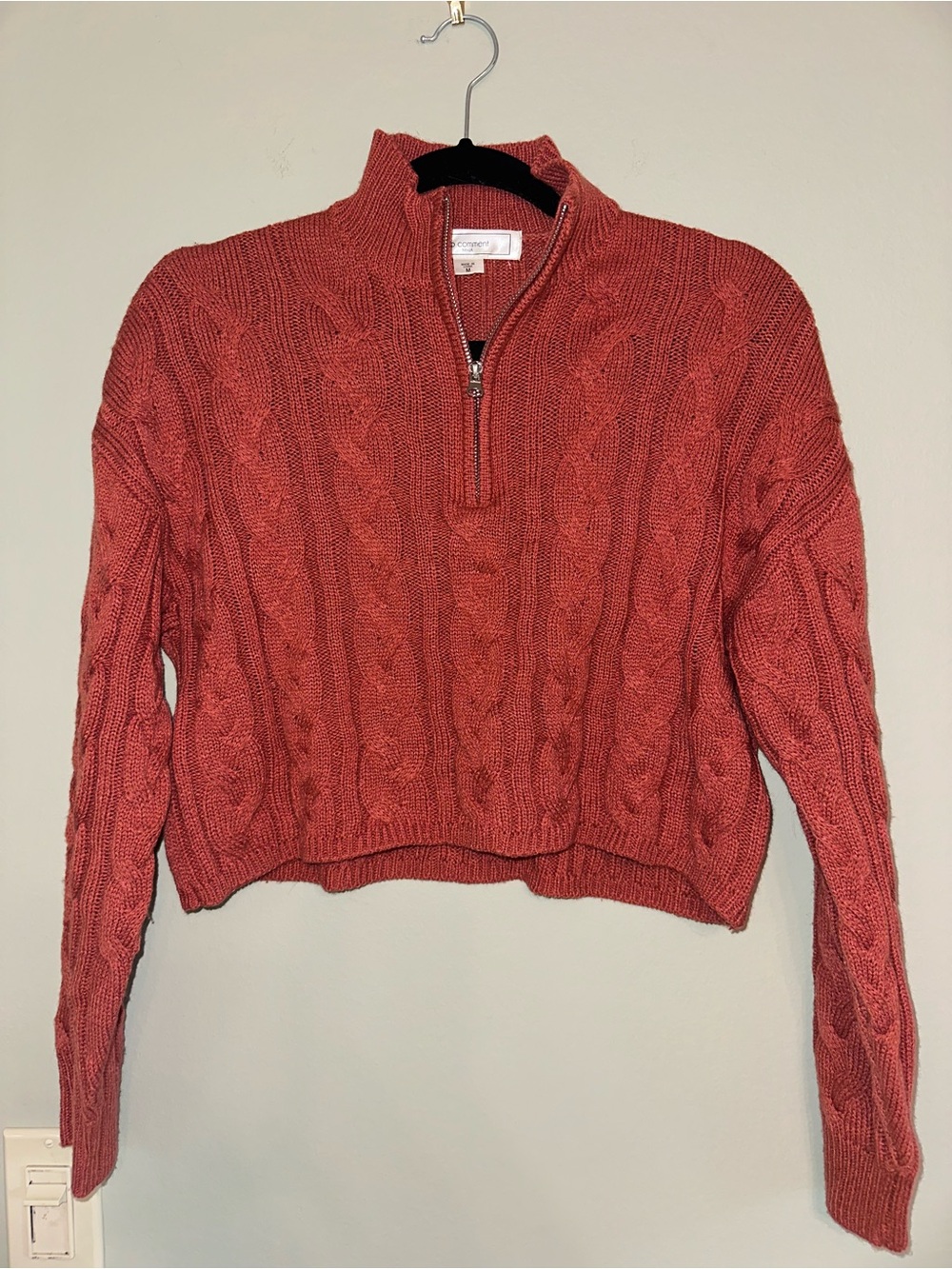 Cable-Knit Half-Zip Crop Sweater - Rust